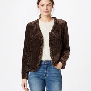 Y2K Emma James Burnout Velvet Textured Ruffled Brown Zip Blazer SZ 14